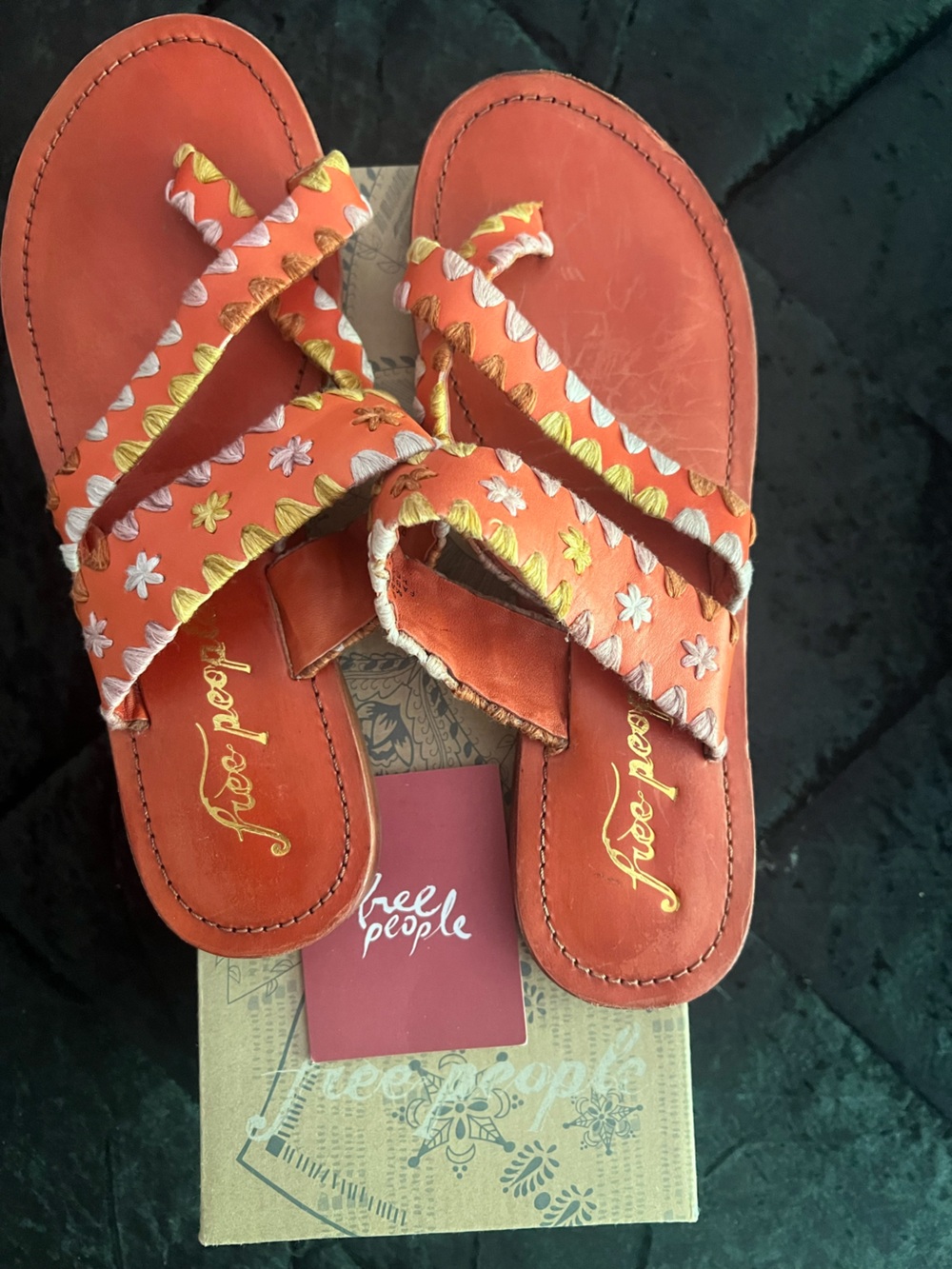 Free People Orange Floral Embroidered Slide Sandals
